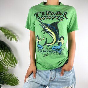 Vintage Green Sun Drenched Tidal Waves Granola Girl Casual Graphic Tee / Small